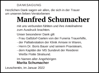 Traueranzeige von Manfred Schumacher von Mecklenburger Schweiz