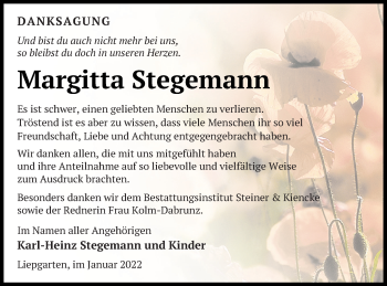 Traueranzeige von Margitta Stegemann von Haff-Zeitung