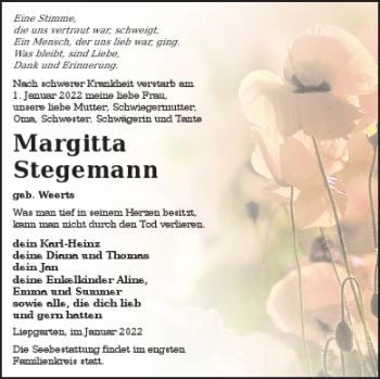 Traueranzeige von Margitta Stegemann von Haff-Zeitung