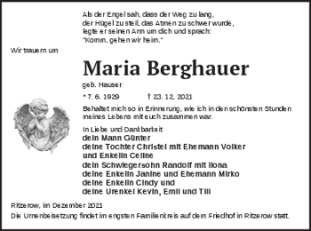 Traueranzeige von Maria Berghauer von Mecklenburger Schweiz