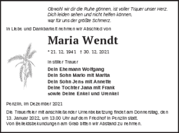 Traueranzeige von Maria Wendt von Müritz-Zeitung