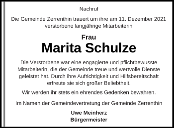 Traueranzeige von Marita Schulze von Pasewalker Zeitung