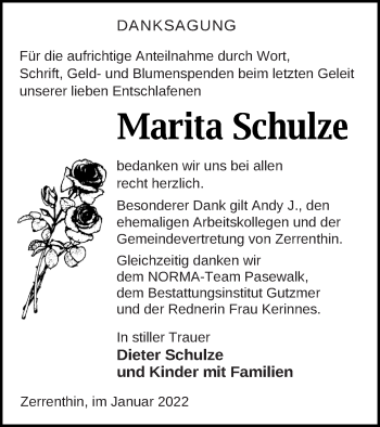 Traueranzeige von Marita Schulze von Pasewalker Zeitung