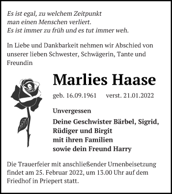 Traueranzeige von Marlies Haase von Strelitzer Zeitung