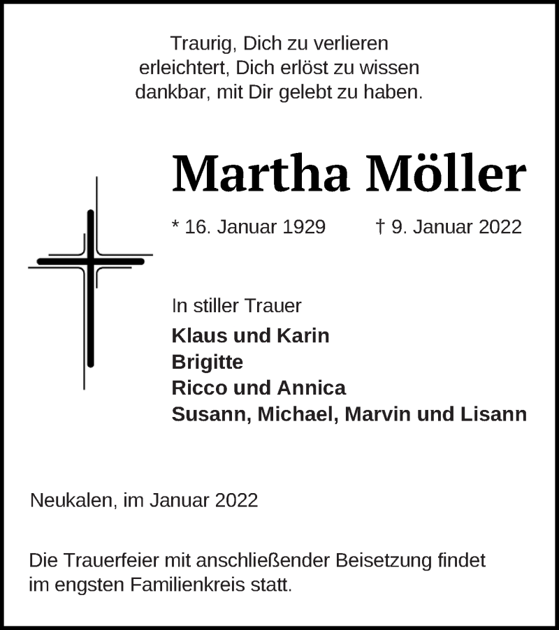  Traueranzeige für Martha Möller vom 15.01.2022 aus Mecklenburger Schweiz