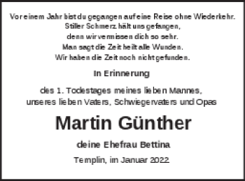 Traueranzeige von Martin Günther von Templiner Zeitung