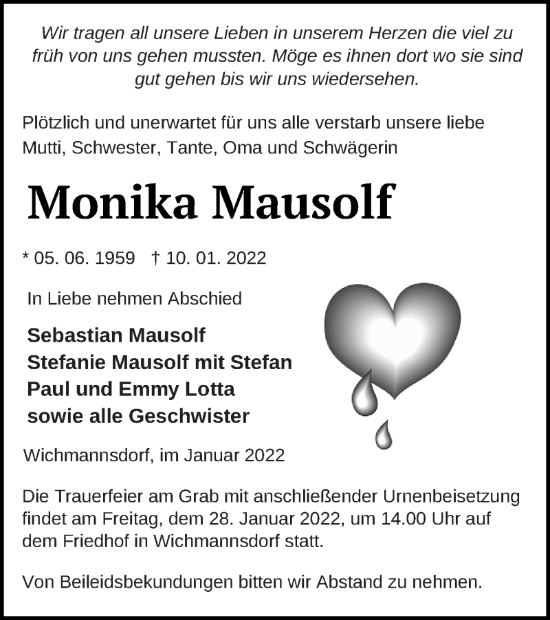  Traueranzeige für Monika Mausolf vom 15.01.2022 aus Templiner Zeitung