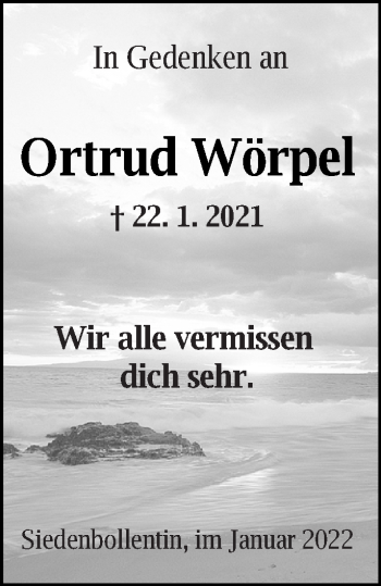 Traueranzeige von Ortrud Wörpel von Neubrandenburger Zeitung