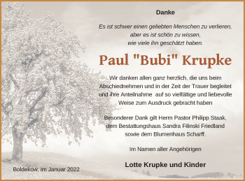 Traueranzeige von Paul Krupke von Vorpommern Kurier