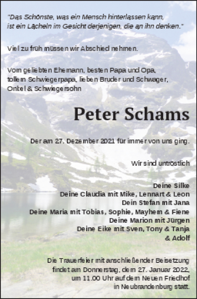  Traueranzeige für Peter Schams vom 07.01.2022 aus Neubrandenburger Zeitung