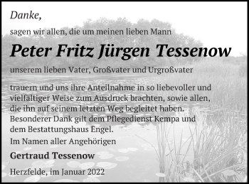 Traueranzeige von Peter Fritz Jürgen Tessenow von Templiner Zeitung