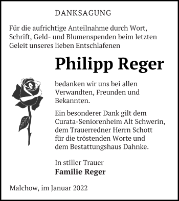 Traueranzeige von Philipp Reger von Müritz-Zeitung