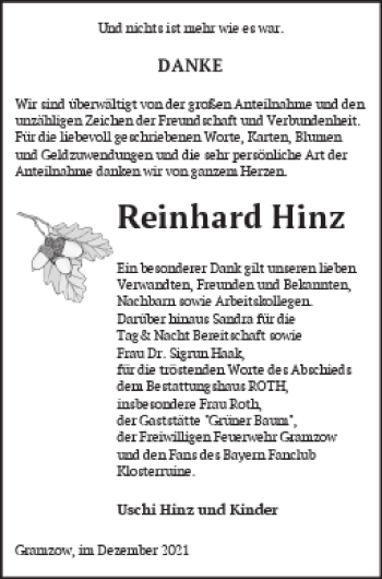 Traueranzeige von Reinhard Hinz von Prenzlauer Zeitung