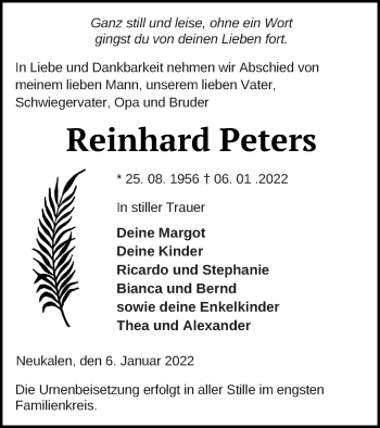 Traueranzeige von Reinhard Peters von Mecklenburger Schweiz