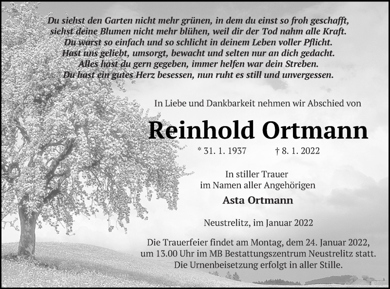  Traueranzeige für Reinhold Ortmann vom 14.01.2022 aus Strelitzer Zeitung