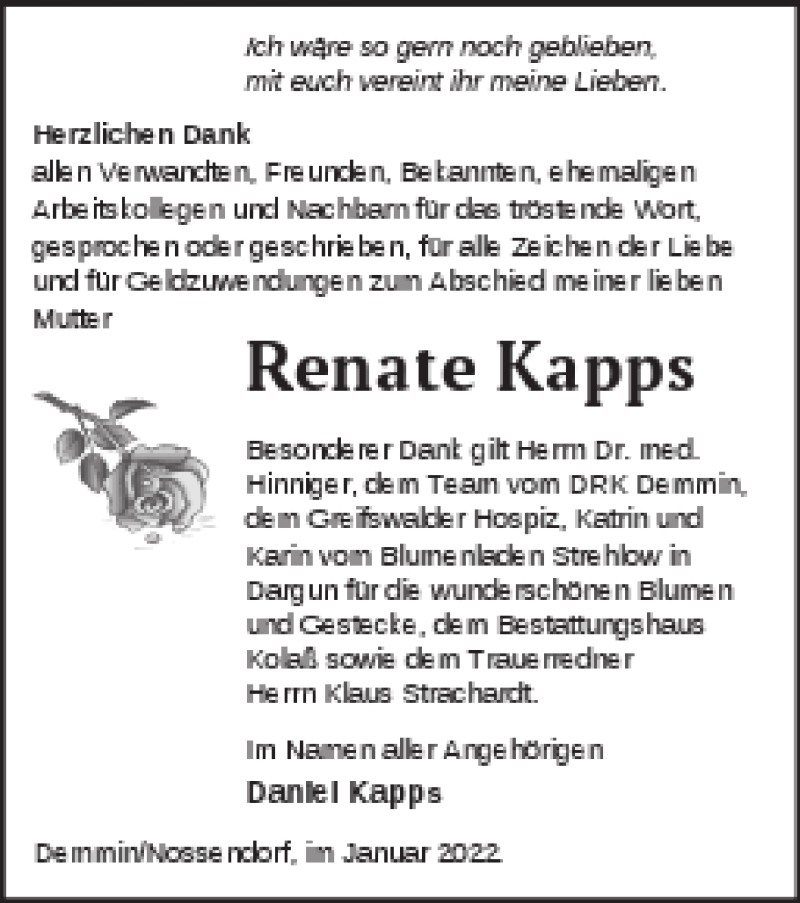  Traueranzeige für Renate Kapps vom 07.01.2022 aus Demminer Zeitung