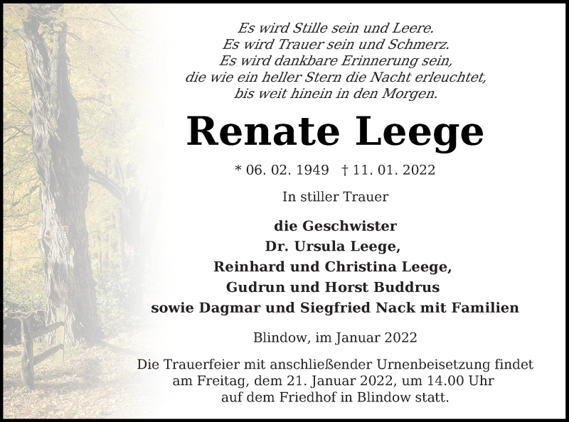  Traueranzeige für Renate Leege vom 15.01.2022 aus Prenzlauer Zeitung