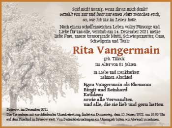 Traueranzeige von Rita Vangermain von Prenzlauer Zeitung