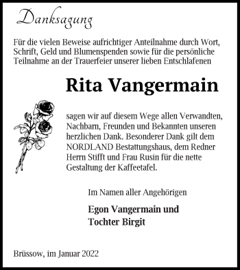 Traueranzeige von Rita Vangermain von Prenzlauer Zeitung