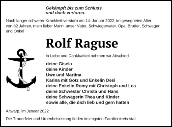 Traueranzeige von Rolf Raguse von Haff-Zeitung