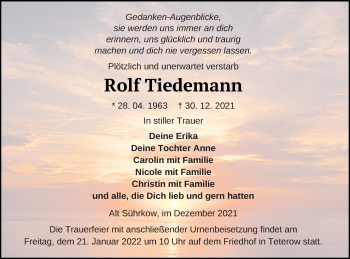 Traueranzeige von Rolf Tiedemann von Mecklenburger Schweiz