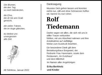 Traueranzeige von Rolf Tiedemann von Mecklenburger Schweiz