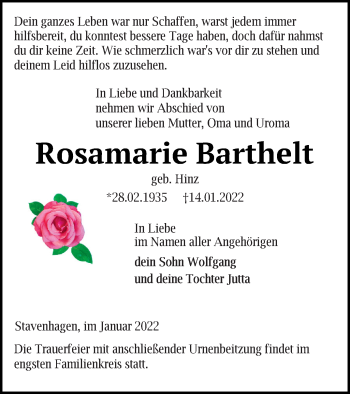 Traueranzeige von Rosamarie Barthelt von Mecklenburger Schweiz