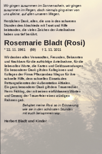 Traueranzeige von Rosemarie Bladt von Demminer Zeitung