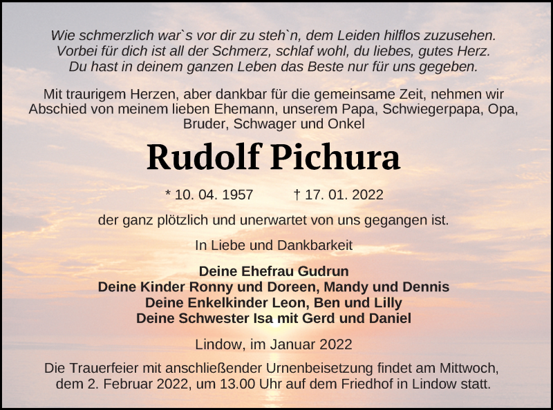  Traueranzeige für Rudolf Pichura vom 21.01.2022 aus Neubrandenburger Zeitung