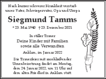 Traueranzeige von Siegmund Tamms von Vorpommern Kurier