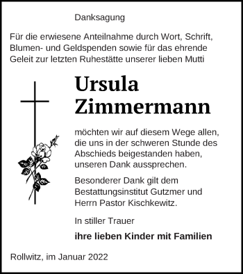 Traueranzeige von Ursula Zimmermann von Pasewalker Zeitung