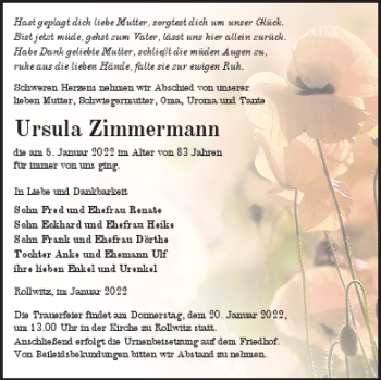 Traueranzeige von Ursula Zimmermann von Pasewalker Zeitung