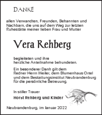 Traueranzeige von Vera Rehberg von Neubrandenburger Zeitung