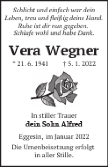 Traueranzeige von Vera Wegner von Haff-Zeitung