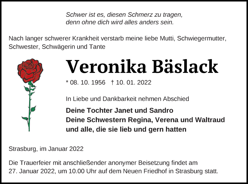  Traueranzeige für Veronika Bäslack vom 14.01.2022 aus Pasewalker Zeitung
