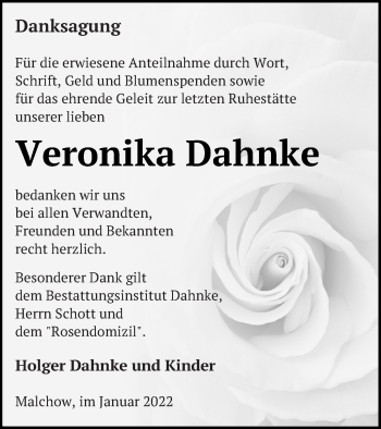 Traueranzeige von Veronika Dahnke von Müritz-Zeitung