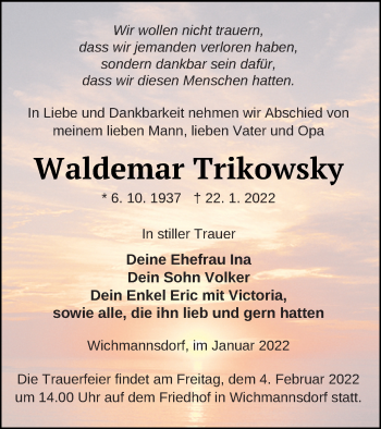 Traueranzeige von Waldemar Trikowsky von Templiner Zeitung