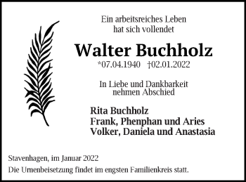 Traueranzeige von Walter Buchholz von Mecklenburger Schweiz