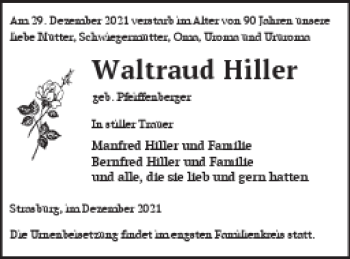 Traueranzeige von Waltraud Hiller von Pasewalker Zeitung