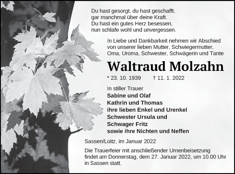  Traueranzeige für Waltraud Molzahn vom 13.01.2022 aus Vorpommern Kurier