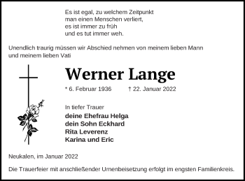 Traueranzeige von Werner Lange von Mecklenburger Schweiz