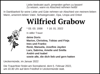 Traueranzeige von Wilfried Grabow von Haff-Zeitung