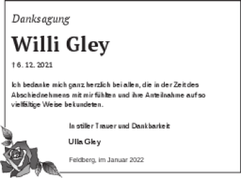 Traueranzeige von Willi Gley von Strelitzer Zeitung