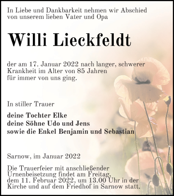 Traueranzeige von Willi Lieckfeldt von Vorpommern Kurier