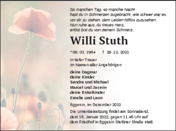 Traueranzeige von Willi Stuth von Haff-Zeitung