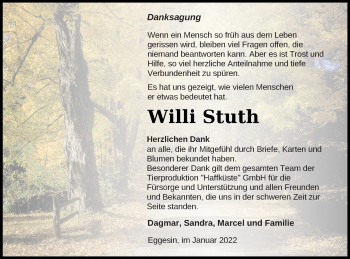 Traueranzeige von Willi Stuth von Haff-Zeitung