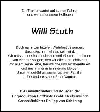 Traueranzeige von Willi Stuth von Haff-Zeitung