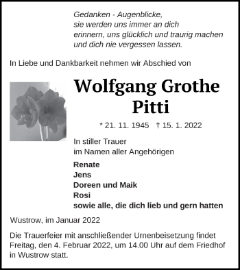 Traueranzeige von Wolfgang Grothe von Strelitzer Zeitung