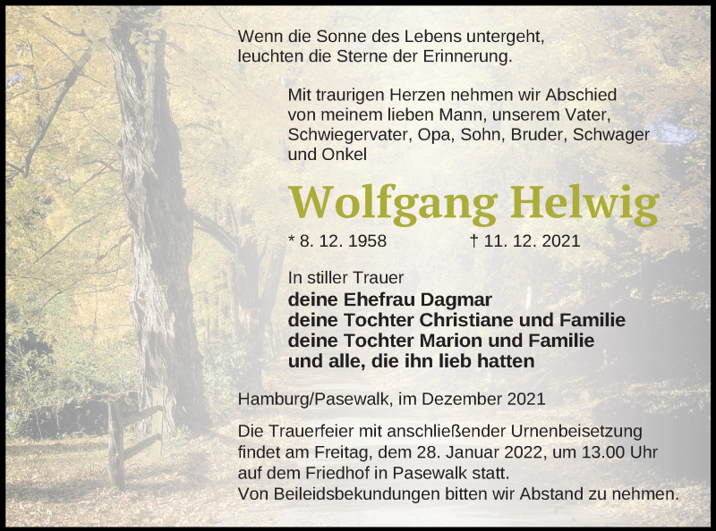  Traueranzeige für Wolfgang Helwig vom 14.01.2022 aus Pasewalker Zeitung