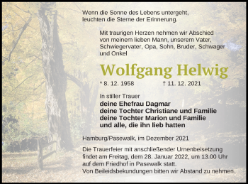 Traueranzeige von Wolfgang Helwig von Pasewalker Zeitung